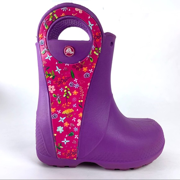 Crocs Handle It Floral Rubber Rain Boots Purple - Picture 2 of 9